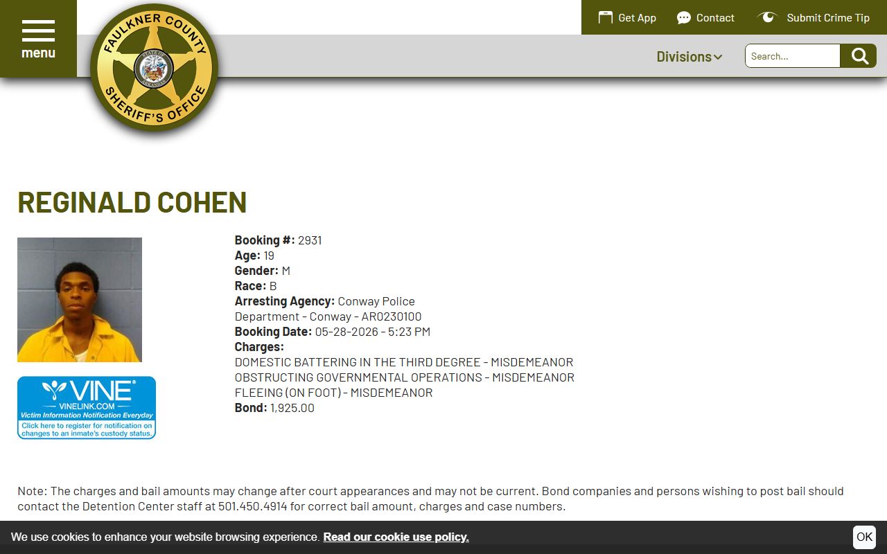 Faulkner County booking photo profile fields on the inmate roster